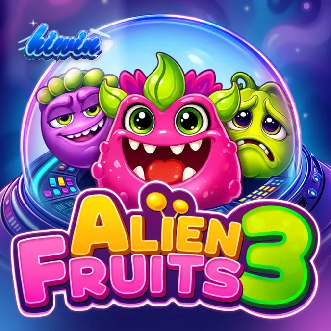 Tampilan layar permainan slot Alien Fruits 3 dengan simbol buah luar angkasa yang berwarna-warni.